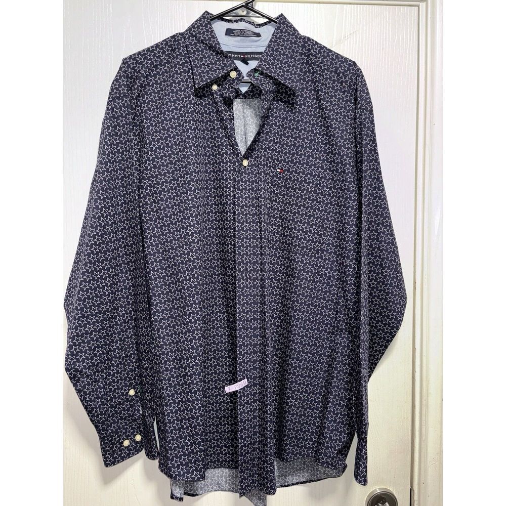 Tommy Hilfiger Mens Large Shirt Navy Blue‎ Button Up Long Sleeve Stars